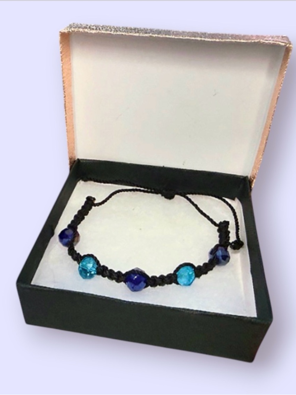 Adjustable Boho black glass beaded bracelet - navy blue and sky blue